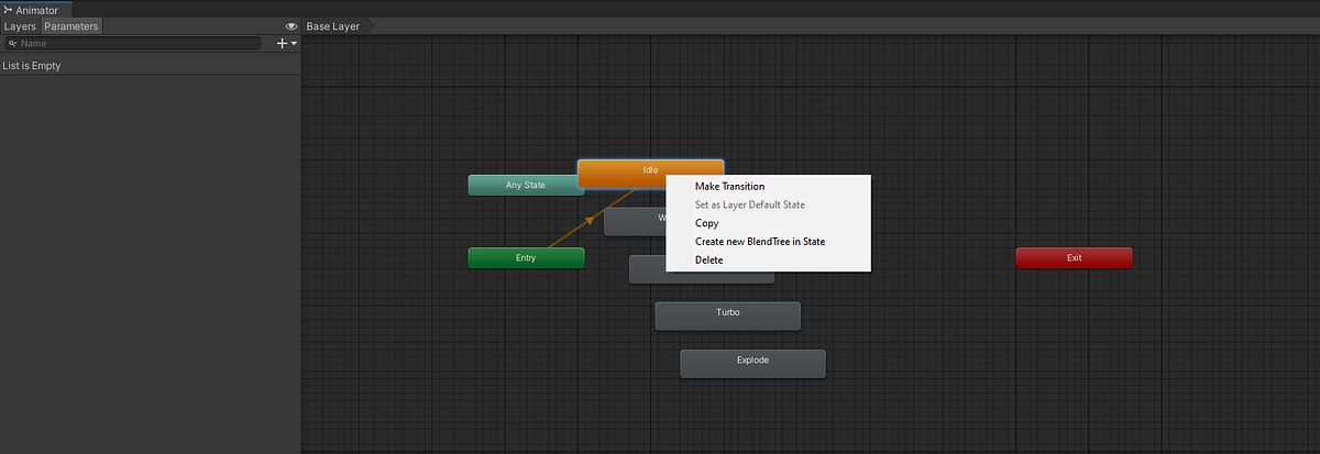 Unity Animator window showing state machine with Idle, Warming, Accelerating, Turbo, and Explode states connected by transitions.