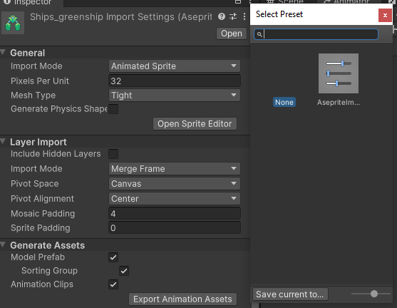 Unity Inspector showing Aseprite Import Settings with Pixels Per Unit 32, Layer Import Merge Frame, Pivot Alignment Center, and a preset selection dialog.