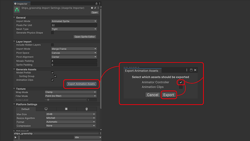 Unity Inspector showing the Export Animation Assets dialog, with Animator Controller checked and Animation Clips unchecked.