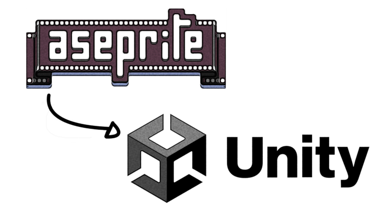 Aseprite logo with an arrow pointing to the Unity logo.