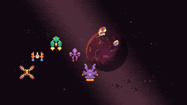VoidBite gameplay screenshot showing several pixel-art spaceships and enemies floating in a dark space environment with a planet in the background.